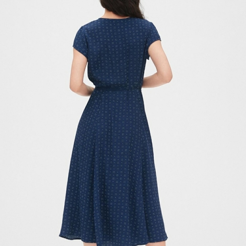 Gap Women’s Navy Blue Dot Print Short Sleeve Full Maxi Wrap Dress Tie Waist Med - Picture 9 of 16